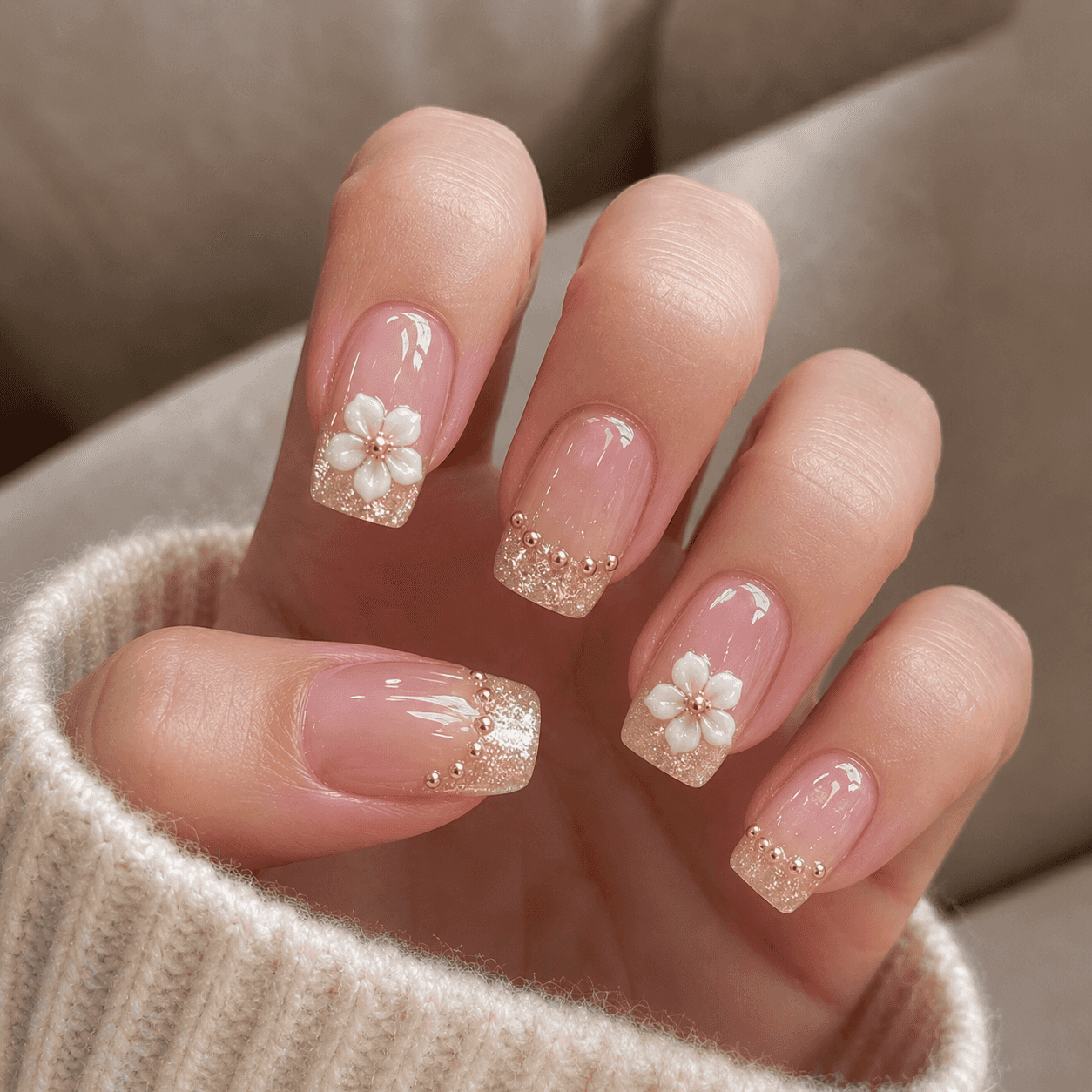 French Manicure mit Goldglitzer und 3D-Blumen