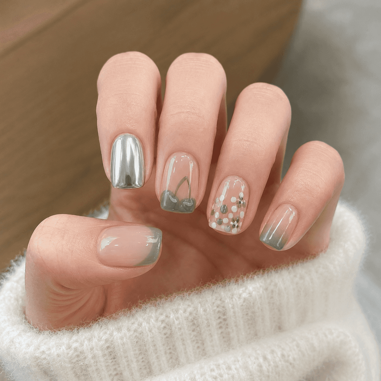 Mix-Maniküre in Salbeigrün und Silber-Chrom