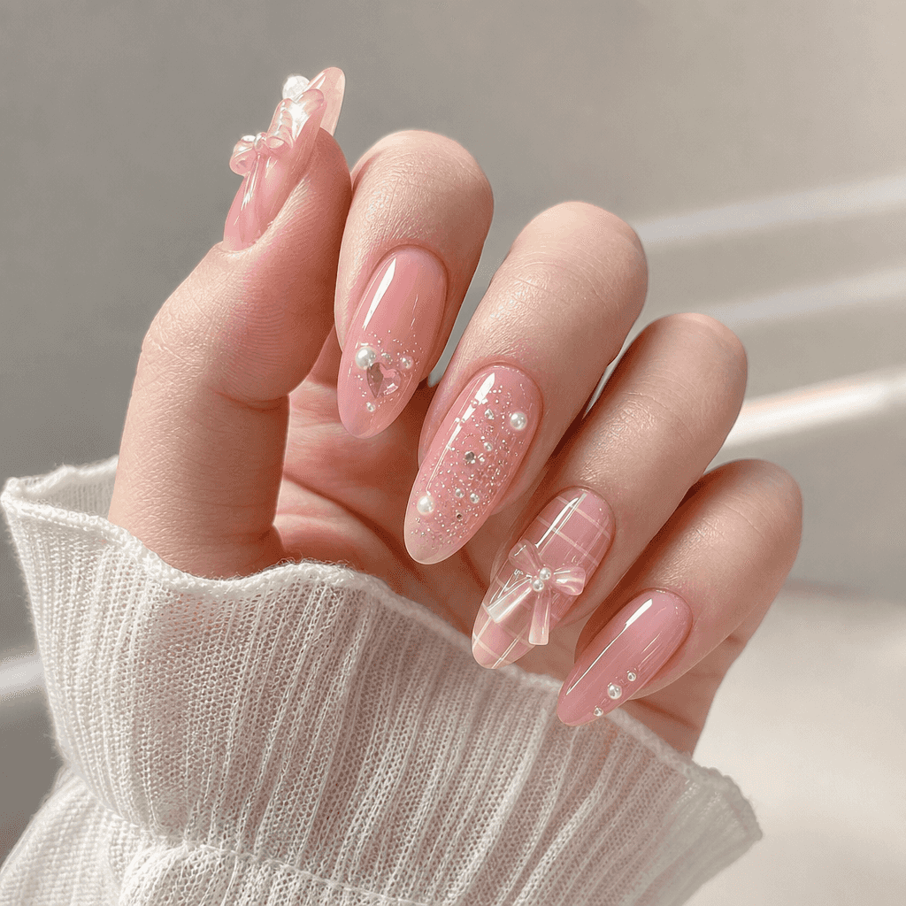 Ongles Roses avec Ornements 3D et Paillettes