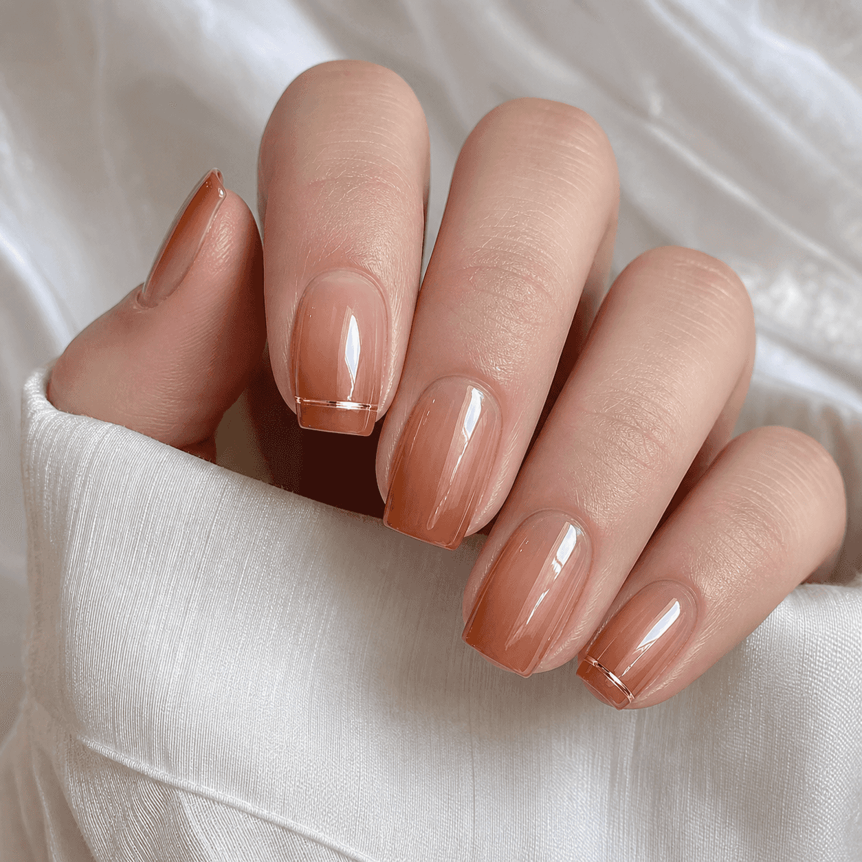 Diseño de Uñas Cuadradas Nude Translúcido con Detalles Dorados