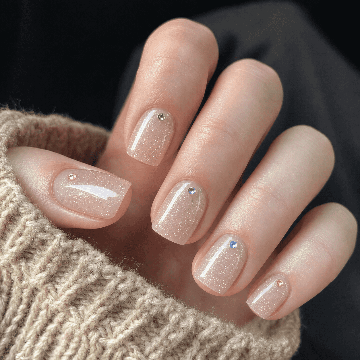 Glänzendes Nude und Silber Nageldesign für kurze, eckige Nägel
