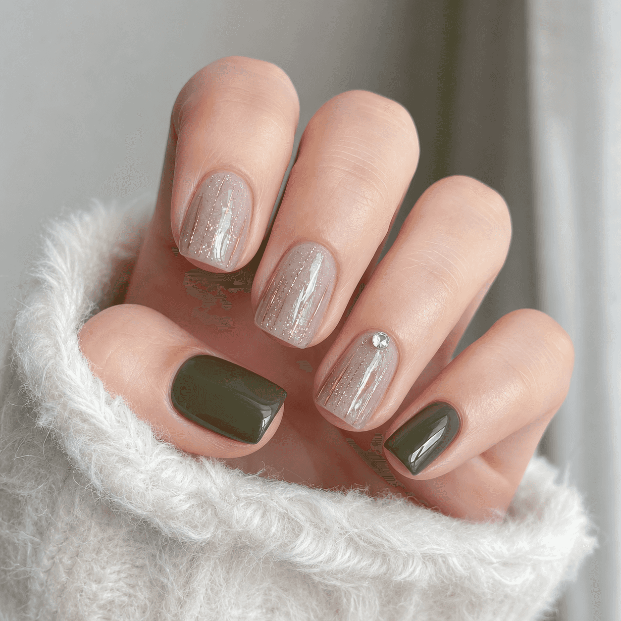 Glänzendes Nageldesign in Olivgrün und Nude für eckige Nägel