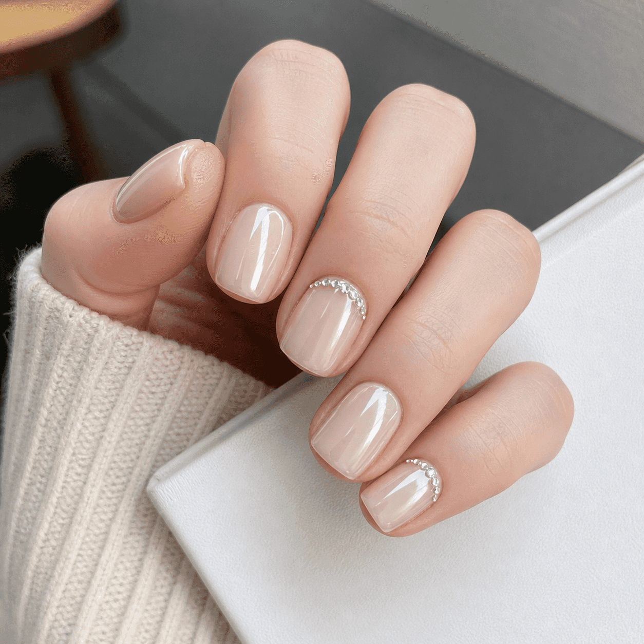 Glänzendes Nude und Silber Square Nail Design