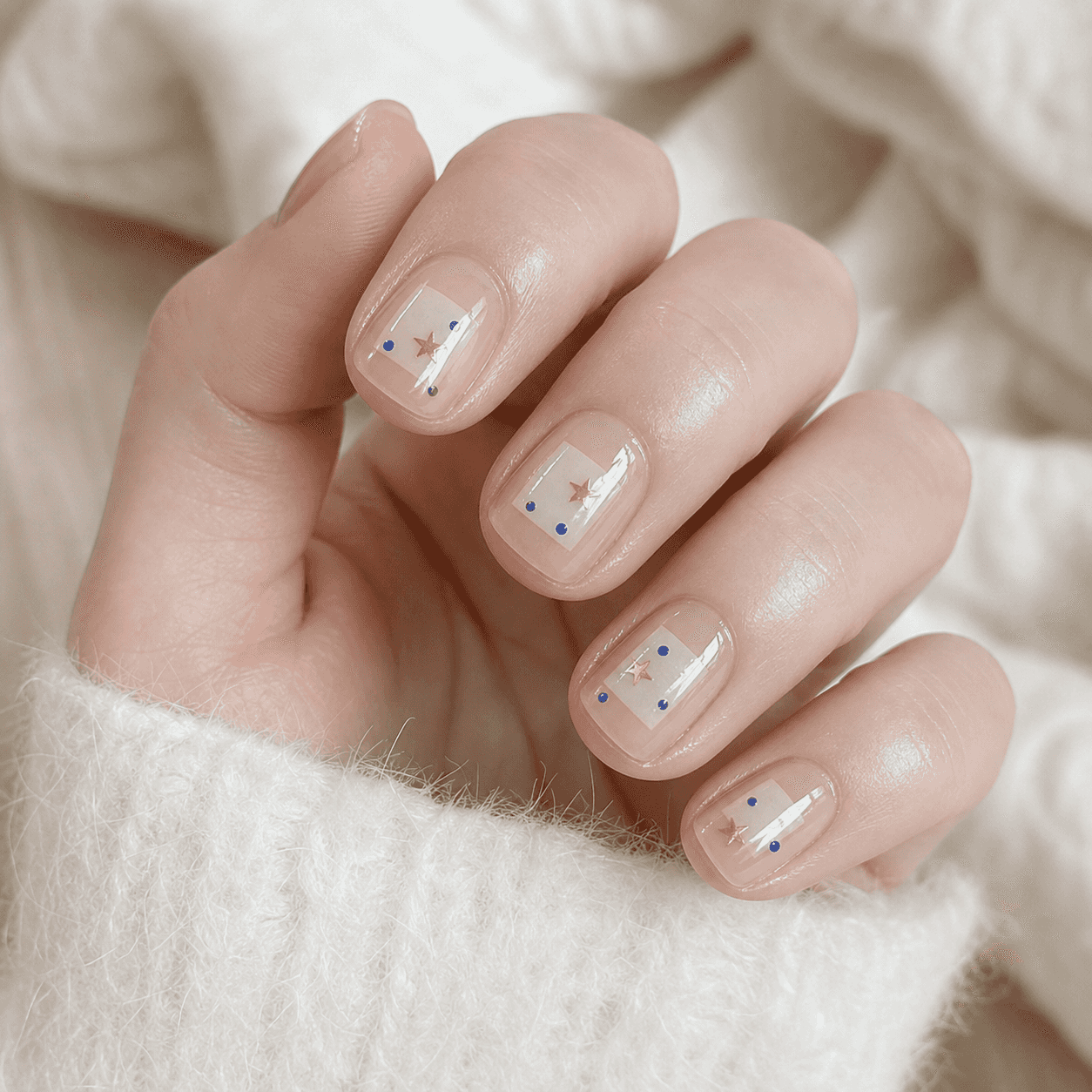 Glänzendes Nail Design in Sheer Nude und Weiß für eckige Nägel
