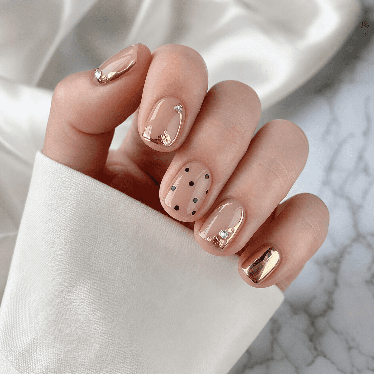 Glänzendes Nude & Gold Square Nail Design