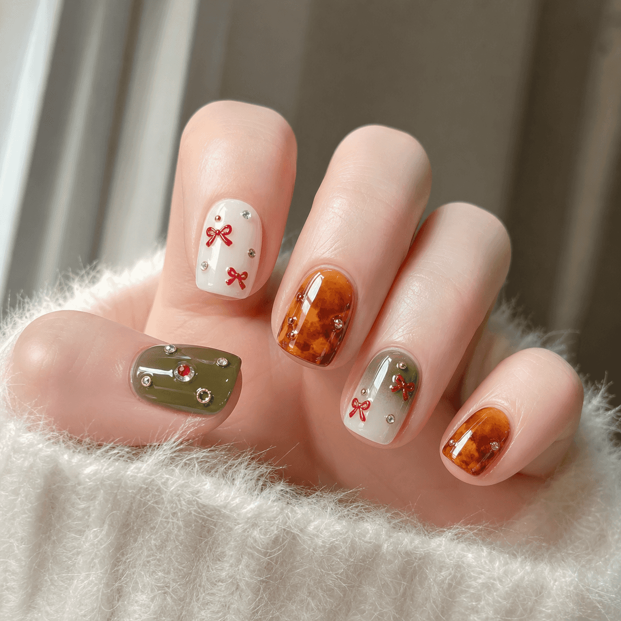 Glänzendes Nageldesign in Grün und Weiß (Eckig)