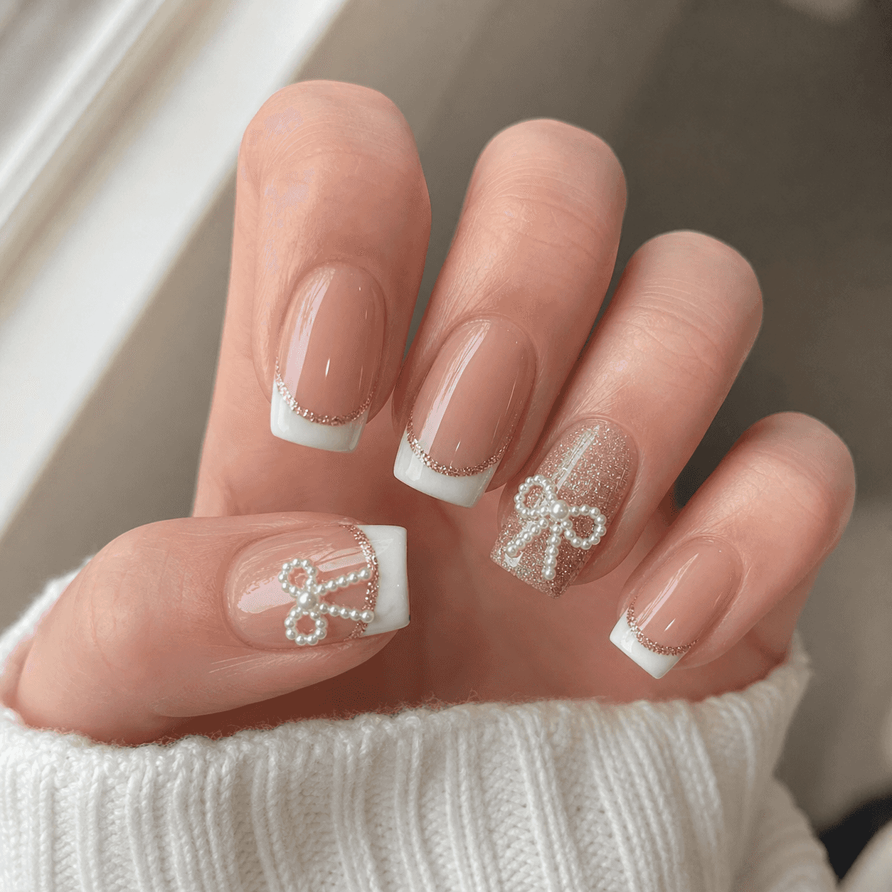 Glänzende Square Nails in Nude und Weiß