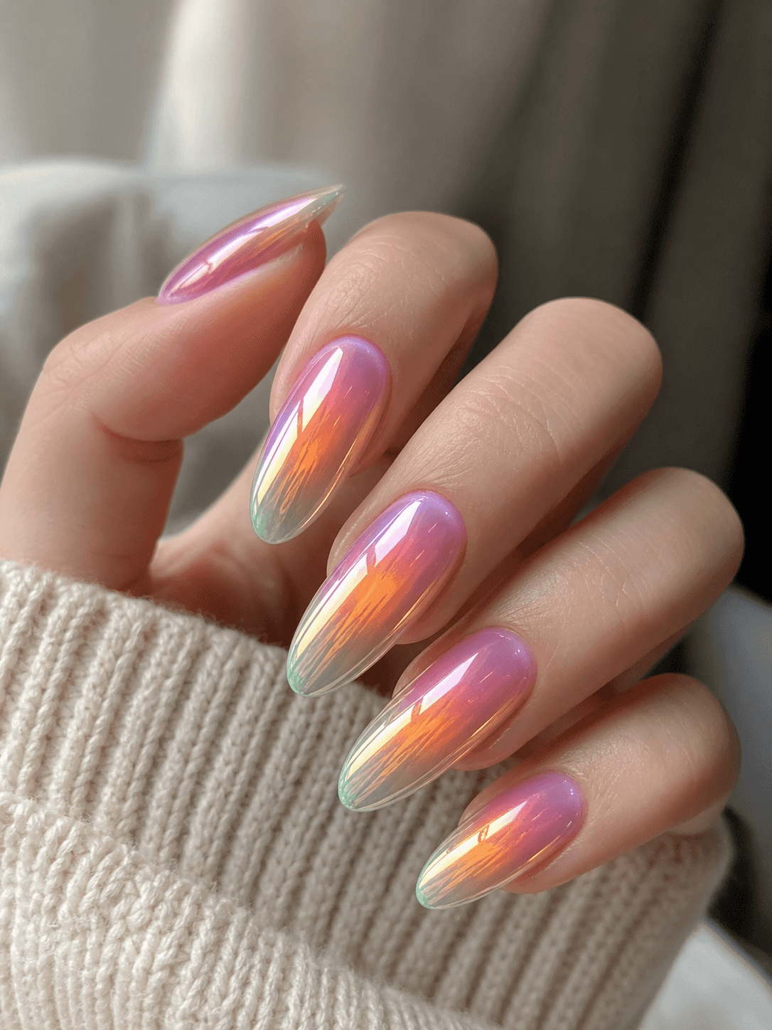 Glänzendes ovales Nageldesign in Pink und Lila