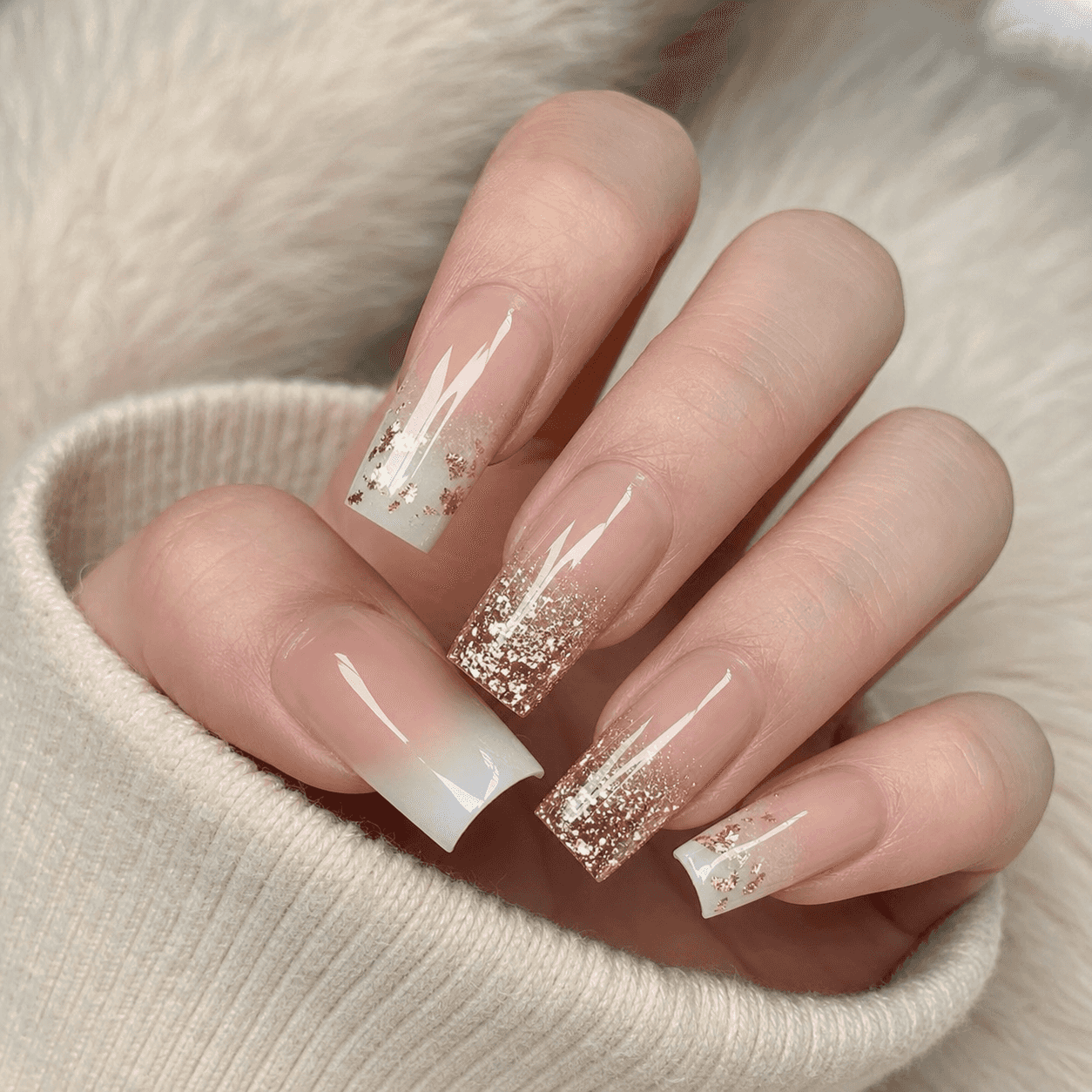 Glänzendes Square-Nail-Design in Sheer Nude und Weiß