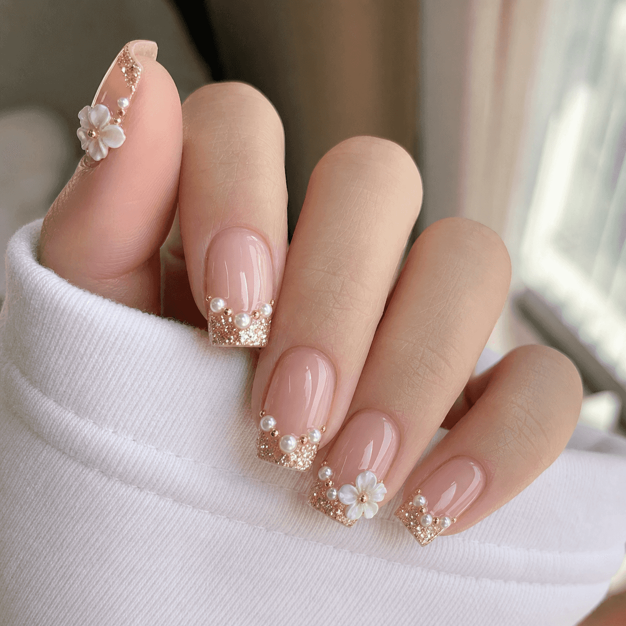 Glänzendes Nageldesign in Nude und Gold mit eckiger Form