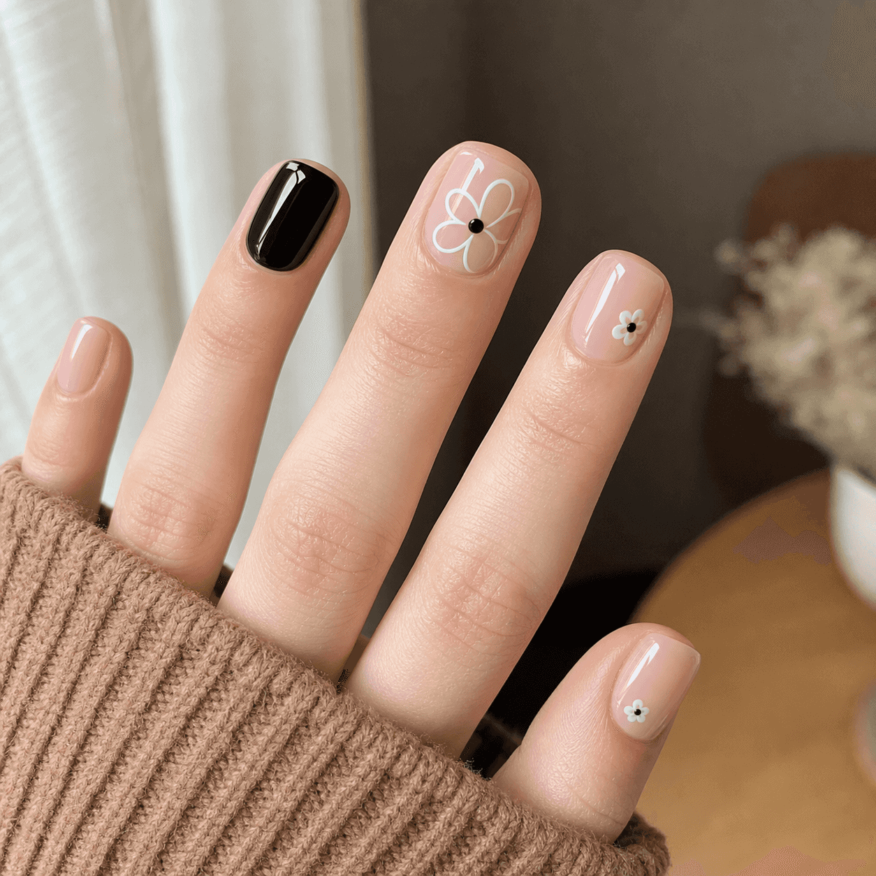 Eckiges Nageldesign in glänzendem Schwarz und transparentem Nude