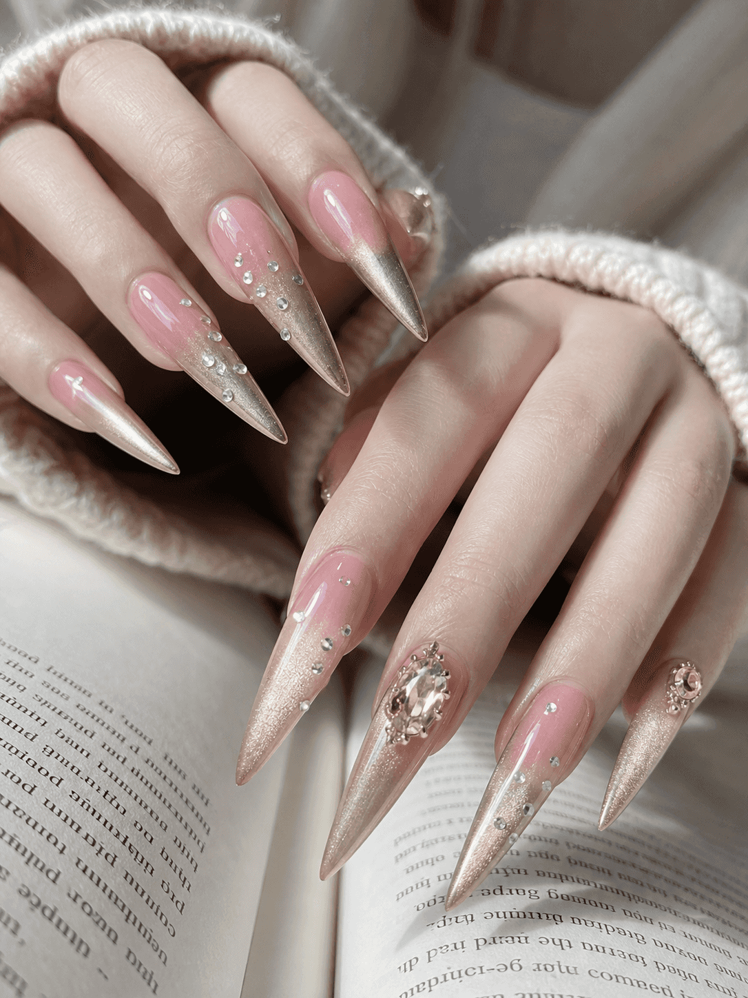 Diseño de Uñas Stiletto Rosa Brillante y Dorado