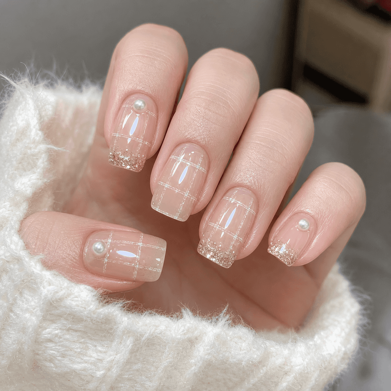 Glänzendes Square-Nageldesign in Sheer Nude und Weiß