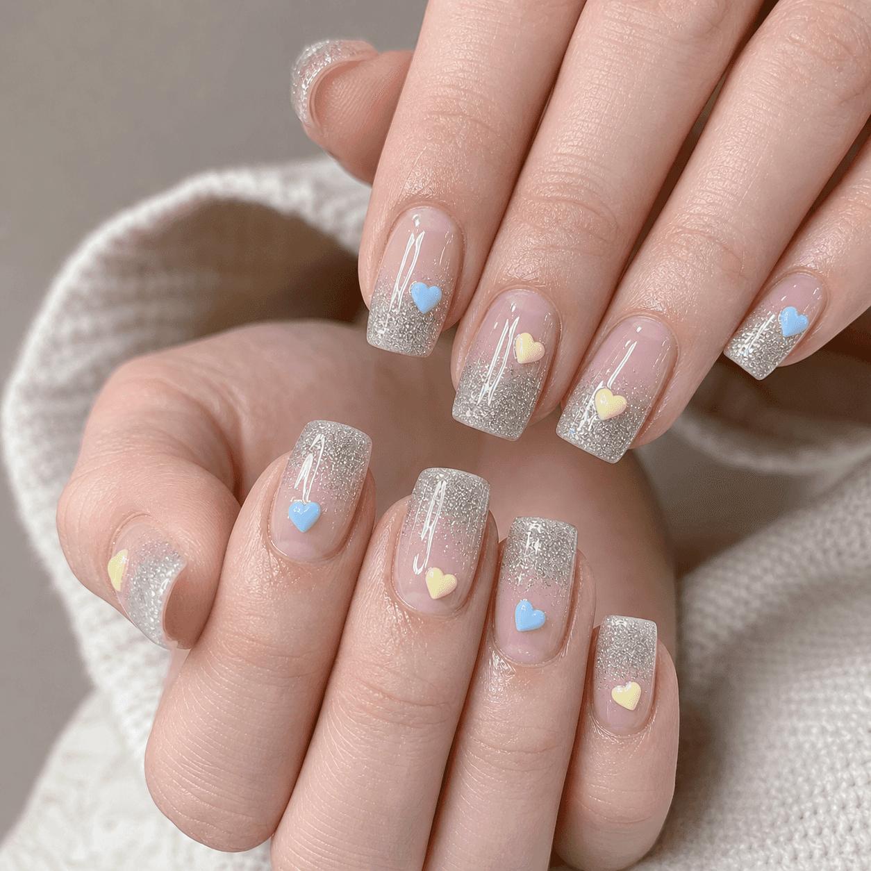Glänzendes Sheer Nude und Silbernes Eckiges Nageldesign