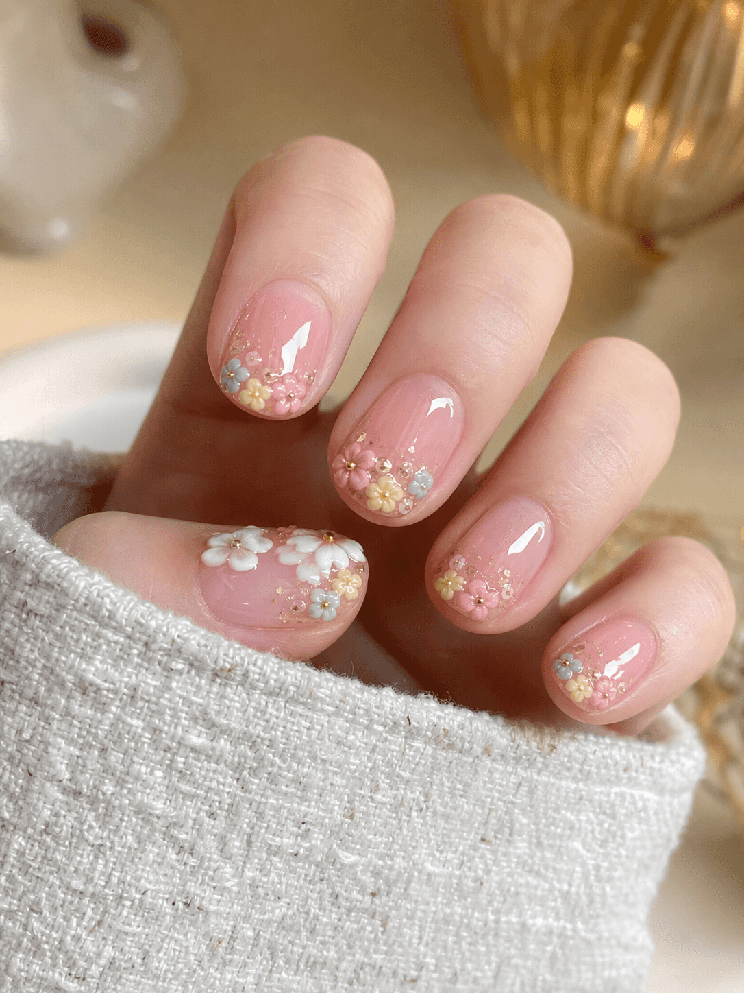 Rundes Nageldesign in glänzendem Rosa und Pastell