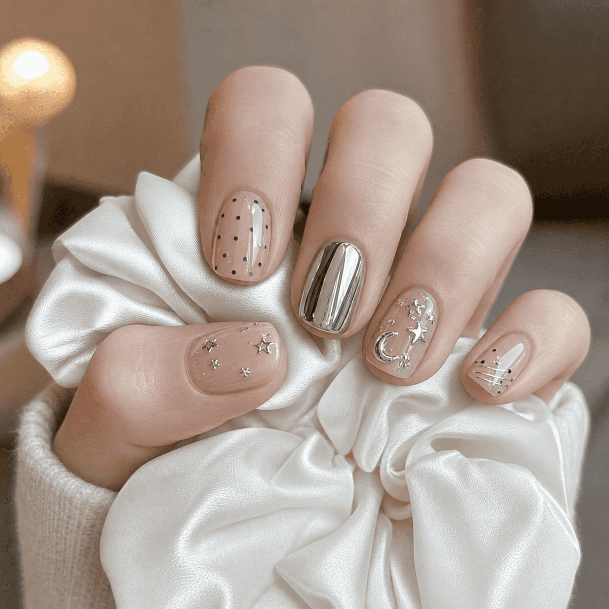 Eckiges Nageldesign in glänzendem Sheer-Nude und Silber