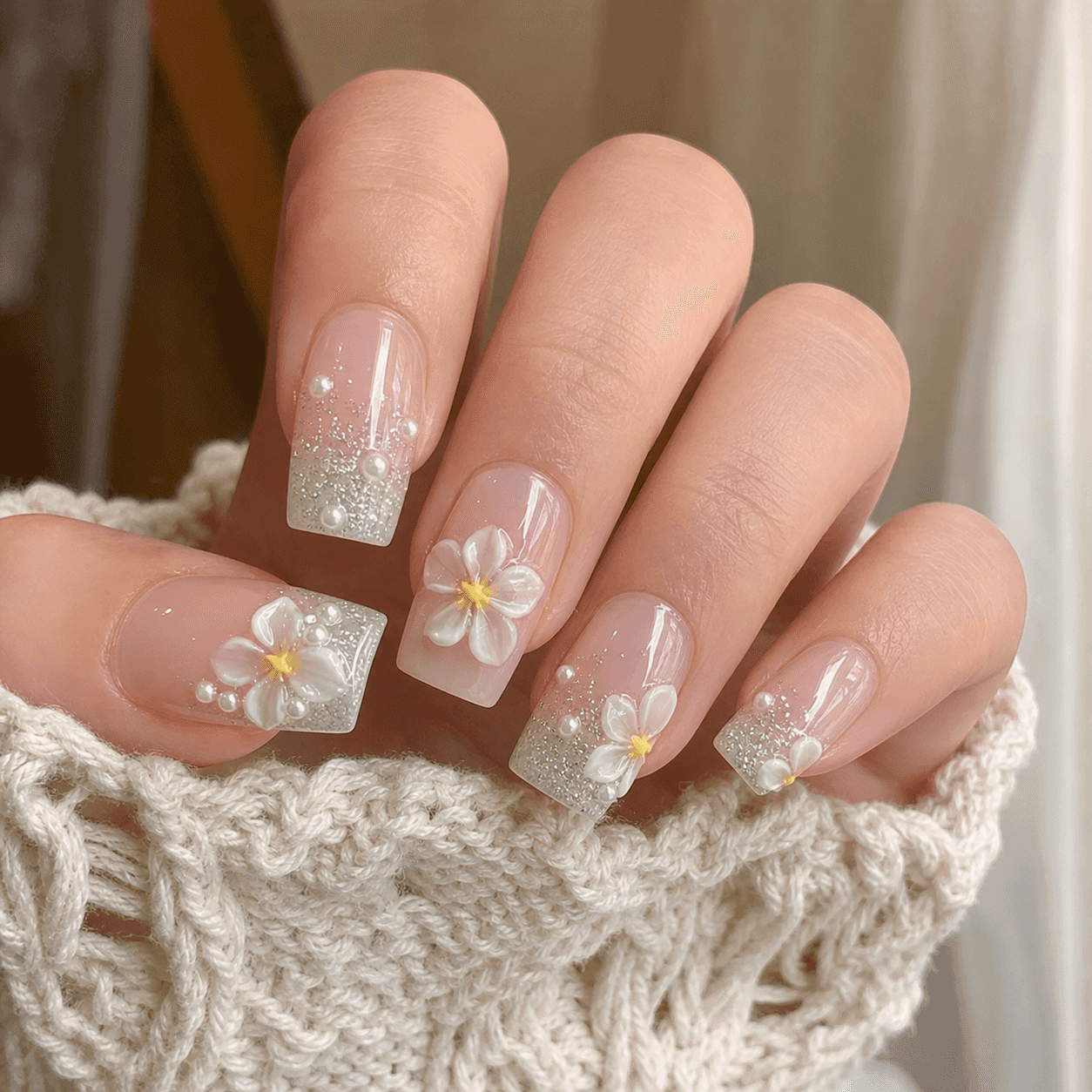 Glänzendes Square Nageldesign in Sheer Nude und Weiß