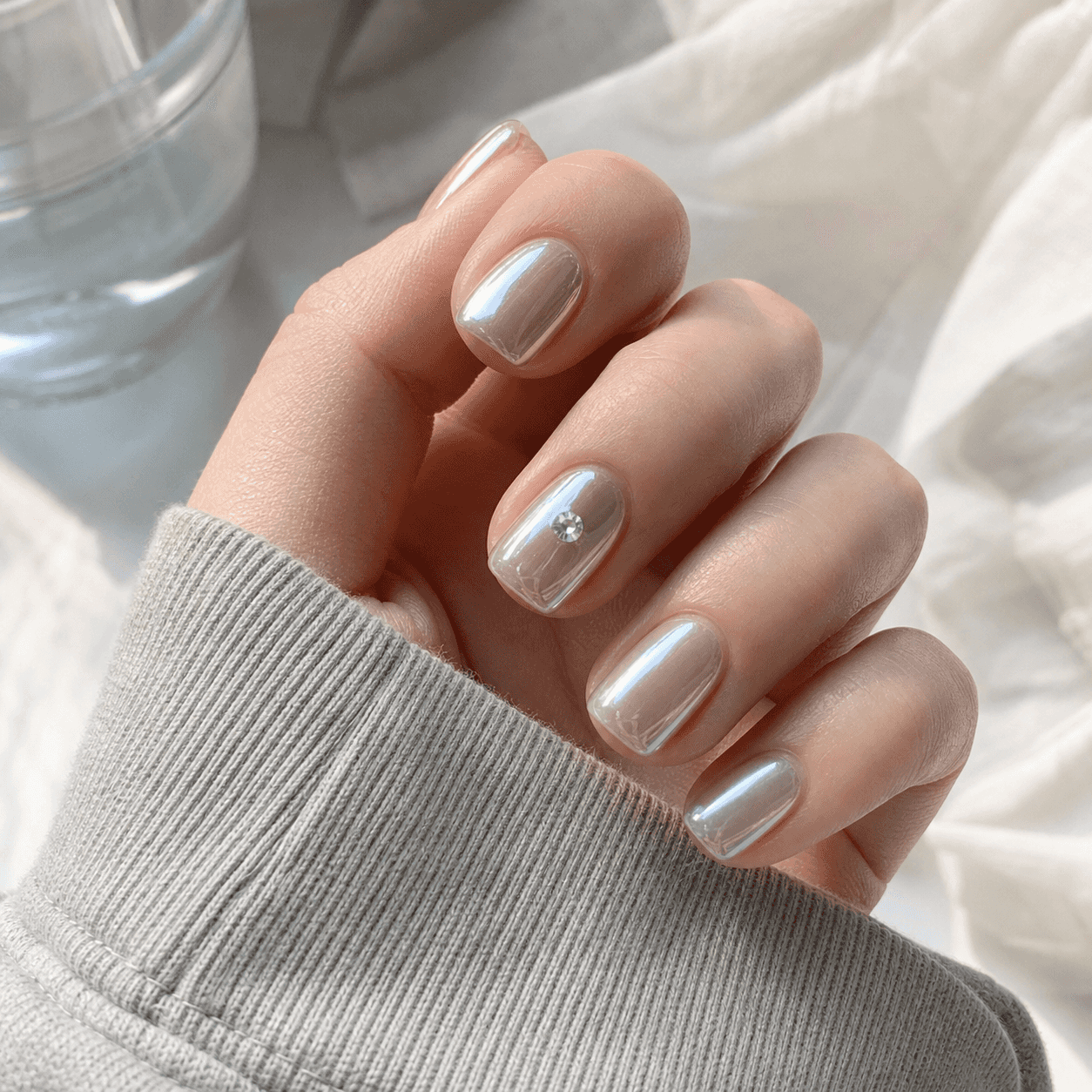 Glänzendes Nageldesign in Silber und Nude für eckige Nägel