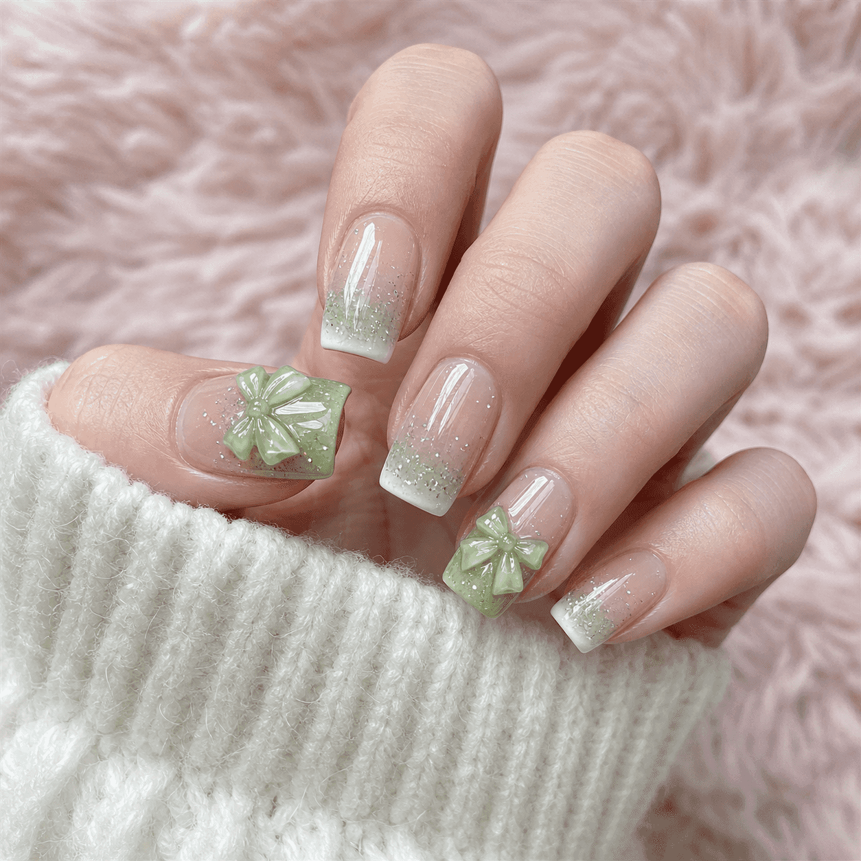 Glänzendes Square Nail Design in Matcha-Grün und Nude