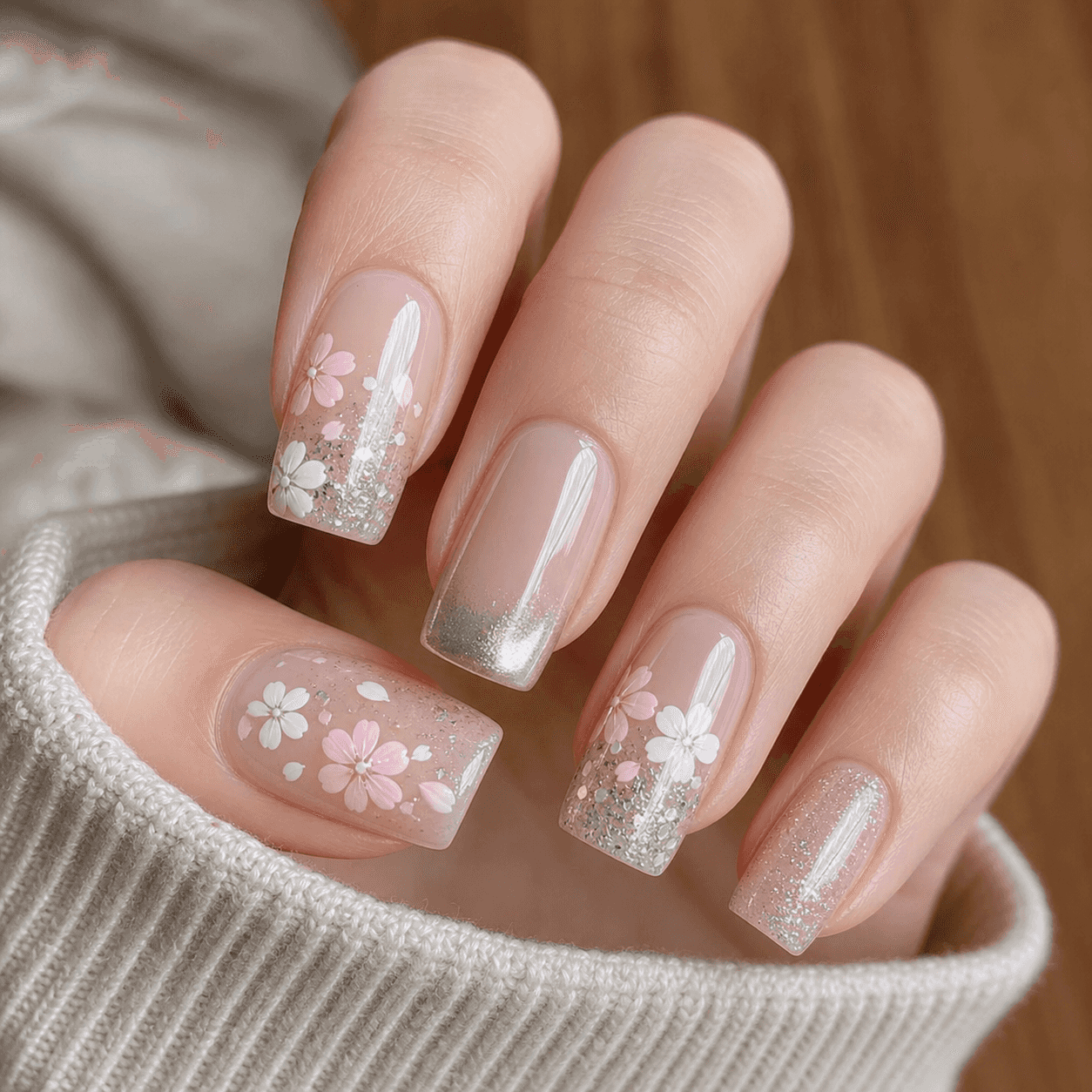 Glänzendes Sheer Nude und Rosa Square-Nageldesign