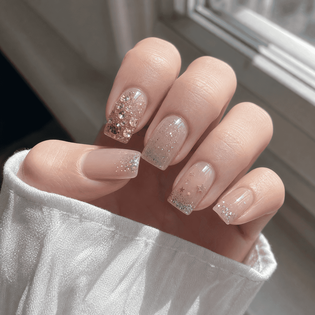 Glänzendes Jelly-Nude und Gold Nageldesign für eckige Nägel