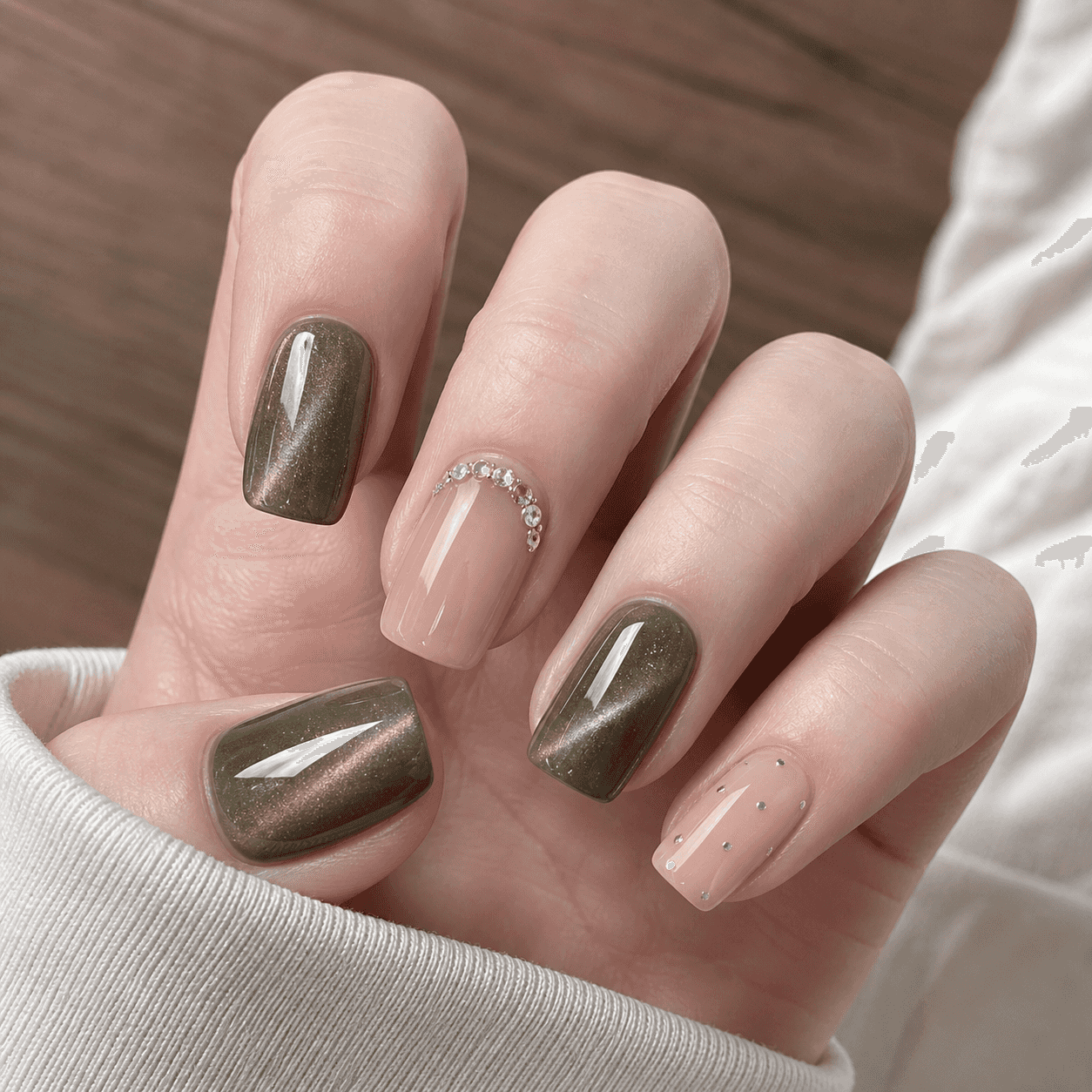 Glänzendes Olivgrün und transparentes Nude: Square Nageldesign