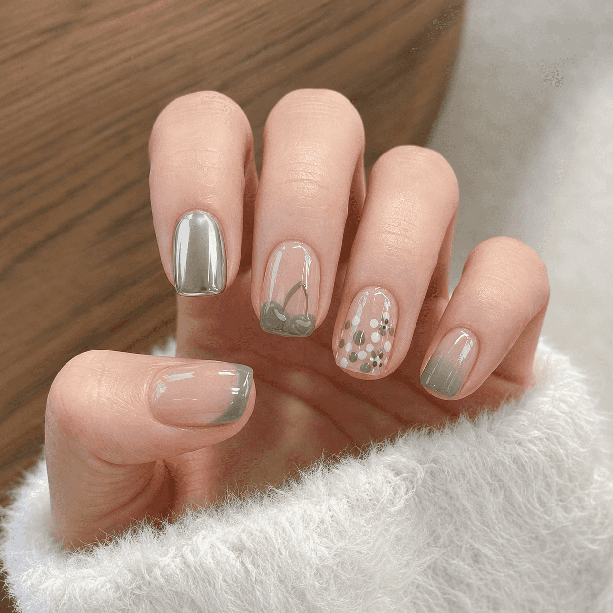 Glänzendes Nageldesign in Grün und Silber für Square Nails