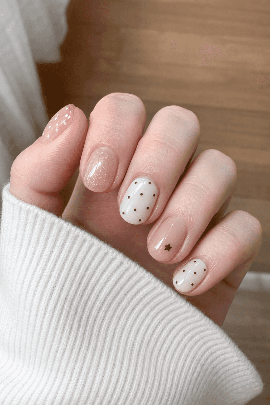 Glänzendes pink-weißes Nageldesign in Ovalform