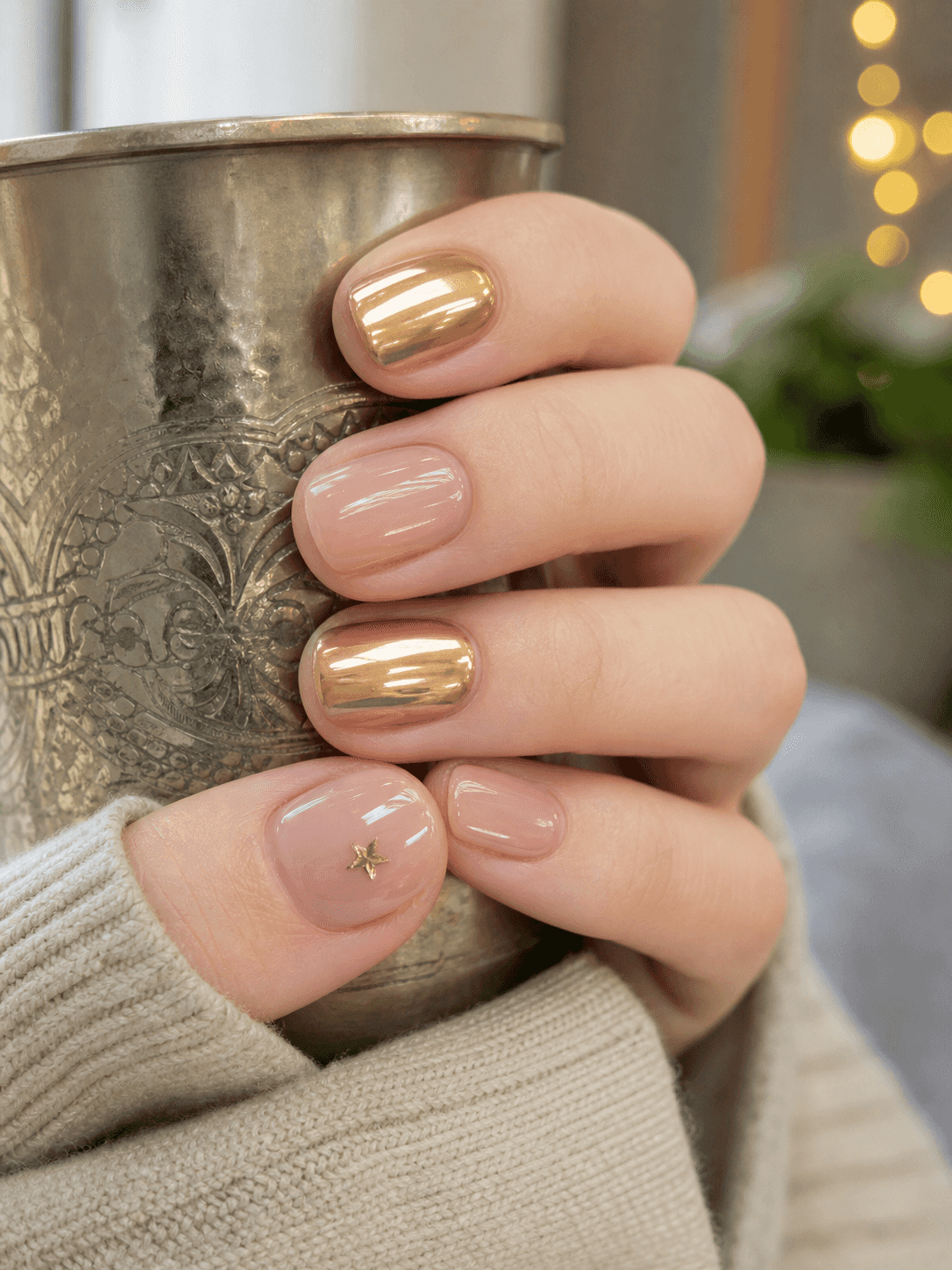 Glänzendes Gold und Sheer Nude für runde Nägel