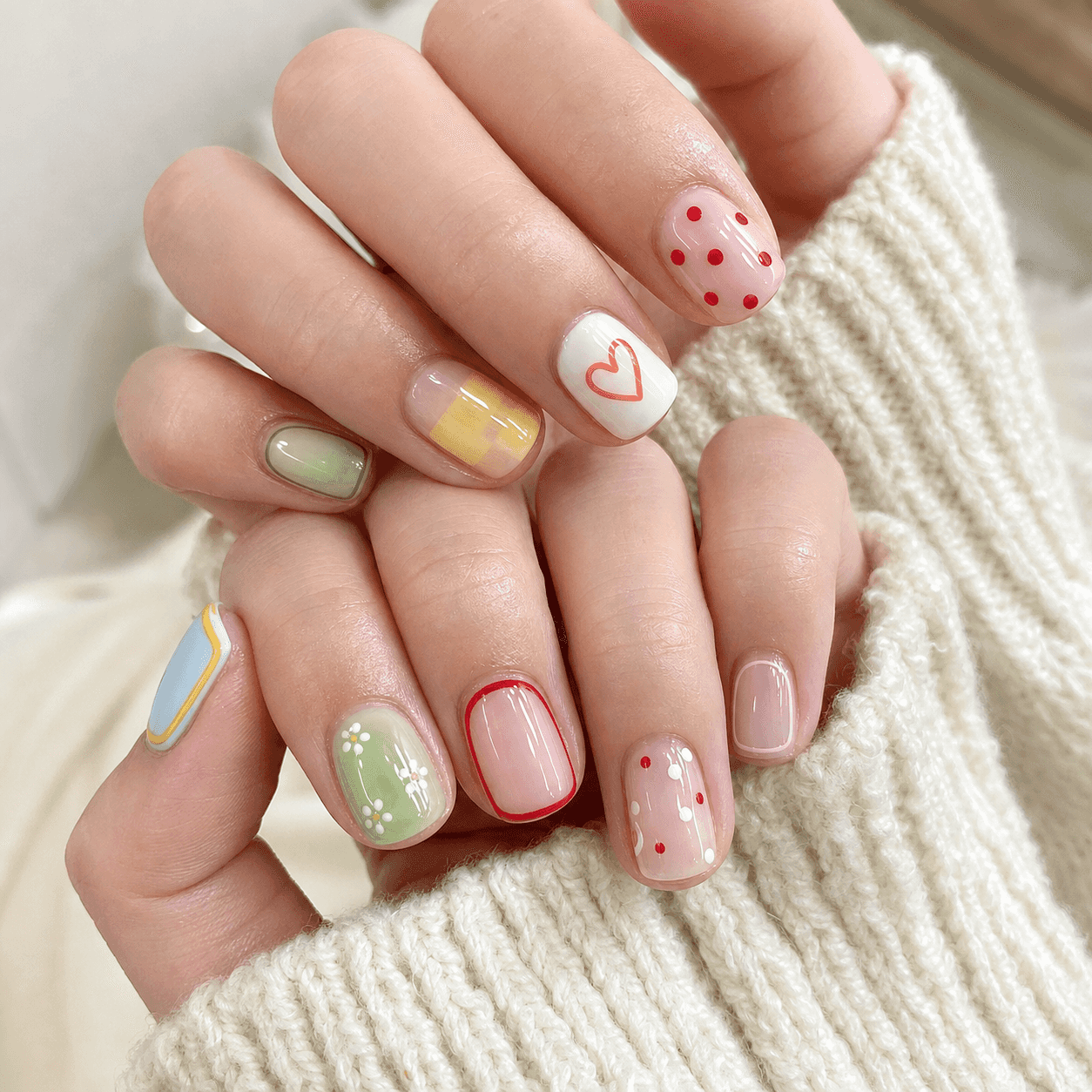 Eckiges Nageldesign in Pastell und Weiß mit Glanz-Finish