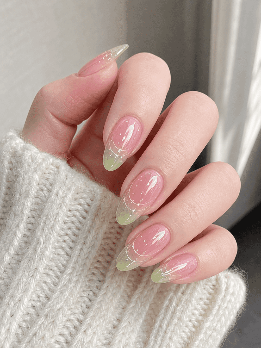 Diseño de Uñas Almendradas en Rosa y Verde Brillante