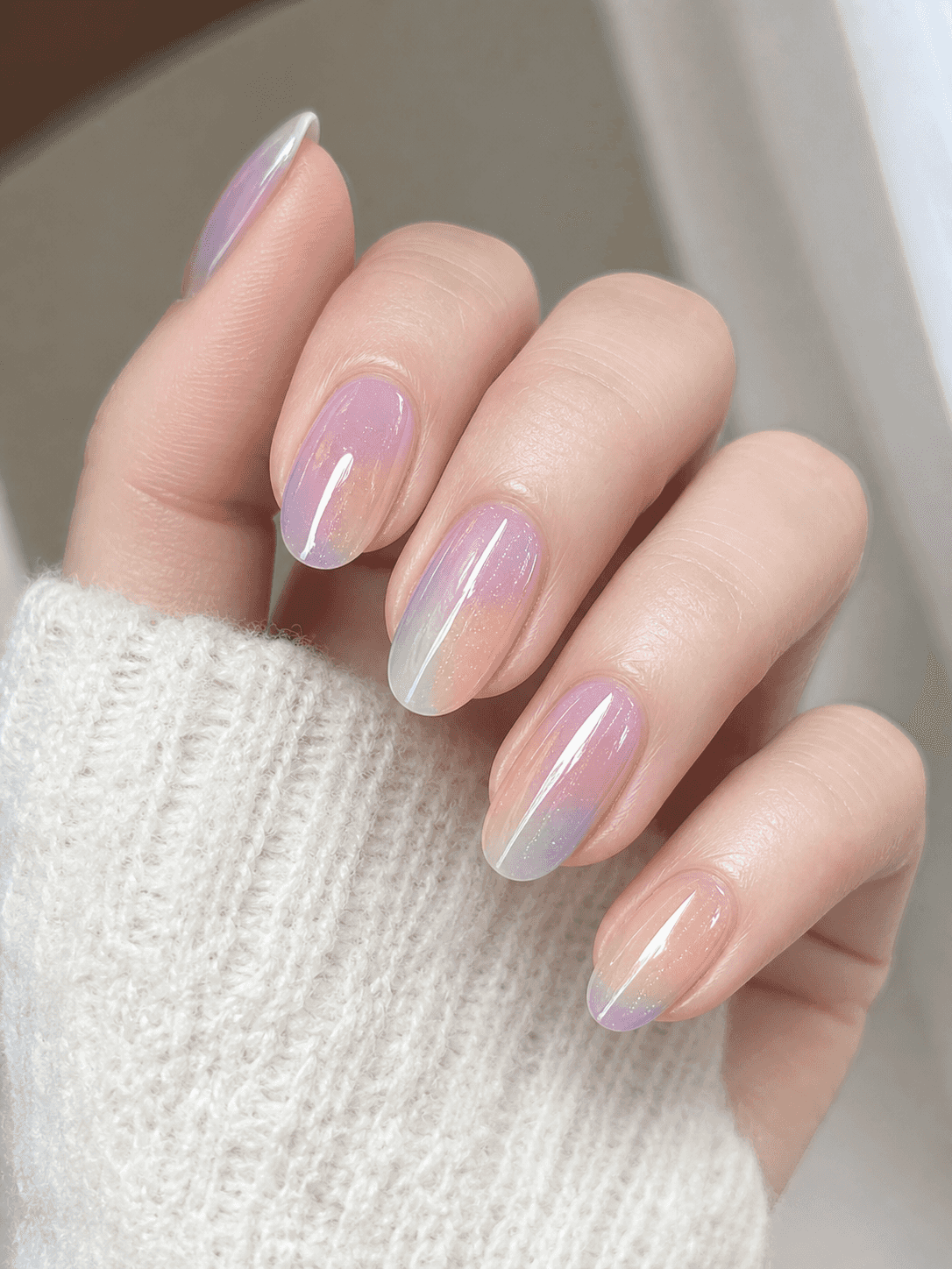Diseño de Uñas Ovaladas en Tonos Pastel y Morado Brillante