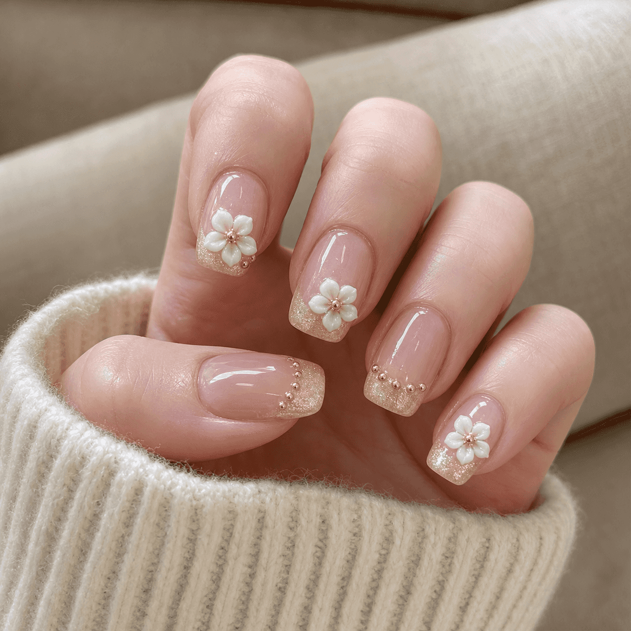 Glänzendes Rosa und zartes Nude - Eckiges Nageldesign
