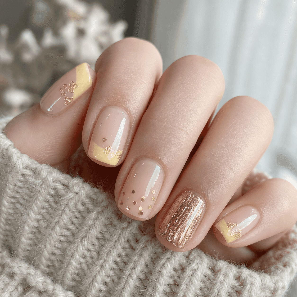 Glänzendes Nail-Design in zartem Nude und Pastell für Square Nails